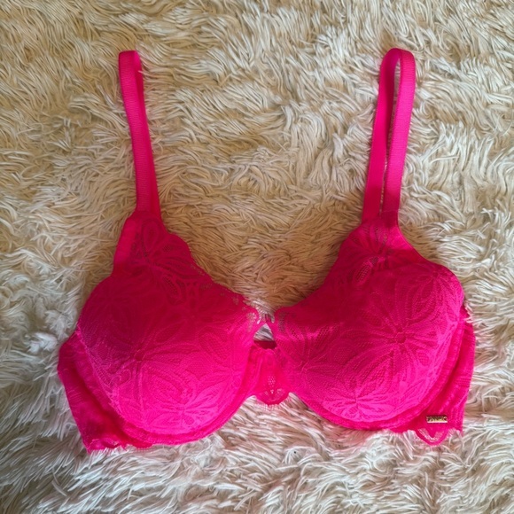 Victoria's Secret "Pink" Neon Pink Bra Size 36D Floral Lace Padded Bra - Picture 1 of 5